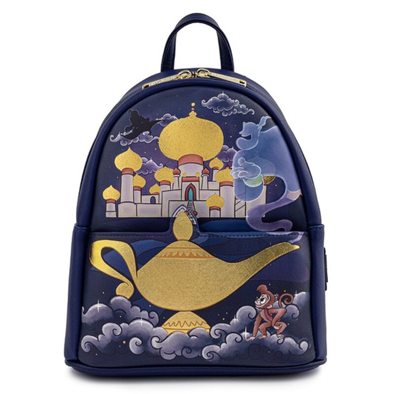 Dark blue mini backpack featuring the Sultan's Palace from Disney's Aladdin, with the Genie on one side and Jasmine and Aladdin on the magic carpet on the other. Below, there's the lamp and Abu.